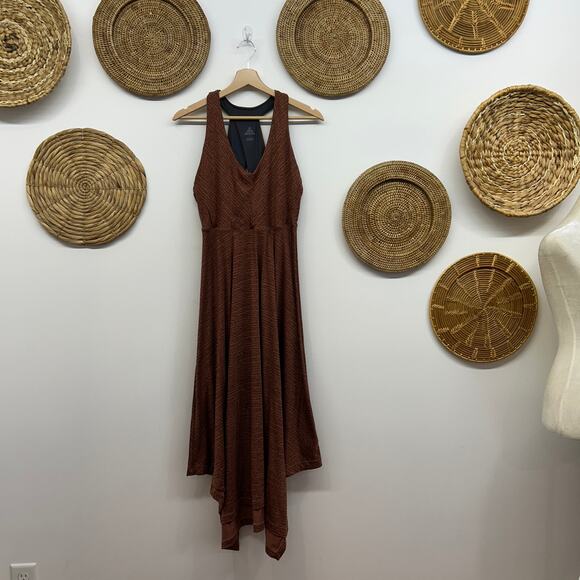 Prana Neutral Brown Racerback Cut Out Asymmetrical Midi Saxon Dress Large Sporty - Picture 2 of 8